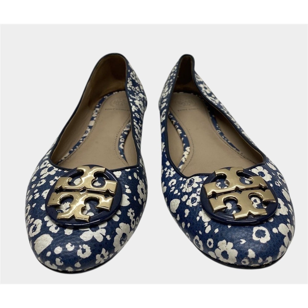 Tory Burch Reva Ballet Flats Womens 8 Navy White Floral Leather Gold Logo Good - Picture 5 of 15